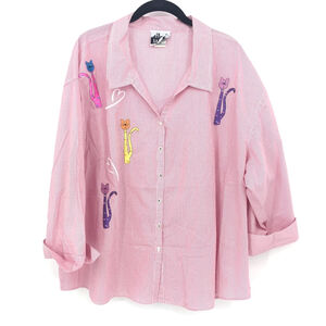 Ianie New York Shirt Womens 3X‎ Pink Striped Cat Embroidery Rhinestone Button Up